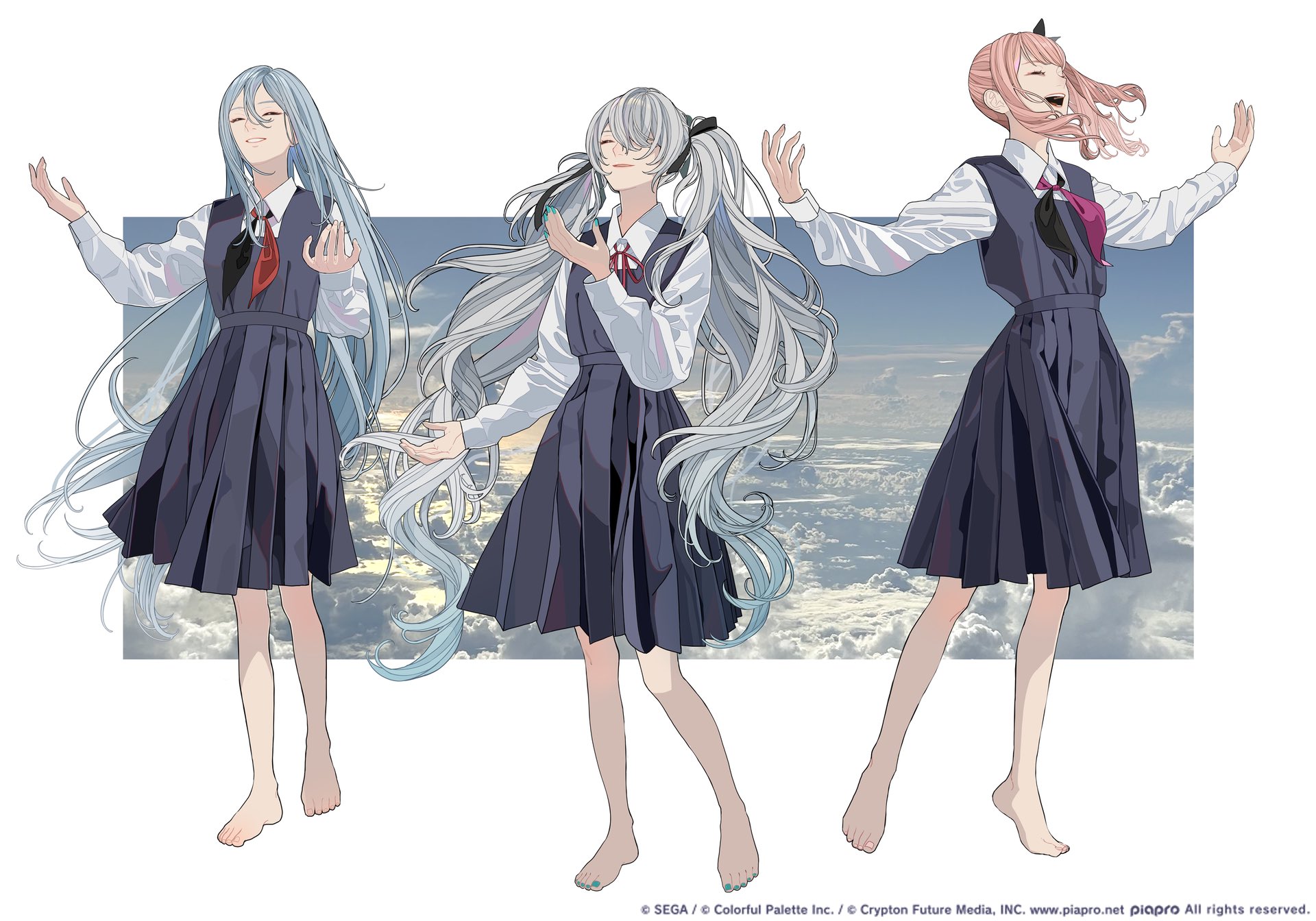 an image of three anime girls standing sidebyside in front of a sky backdrop with clouds. they are all wearing similar navy school uniforms consisting of a collared white longsleeved shirt under a sleeveless dress with a pleated skirt, along with a red, black, or pink bow at the neck. all three are barefoot. the first girl has long, light blue hair and her arms raised. the second girl has long, light gray hair tied in pigtails. the third girl has pink hair and her arms raised. they all have light skin and are smiling.
