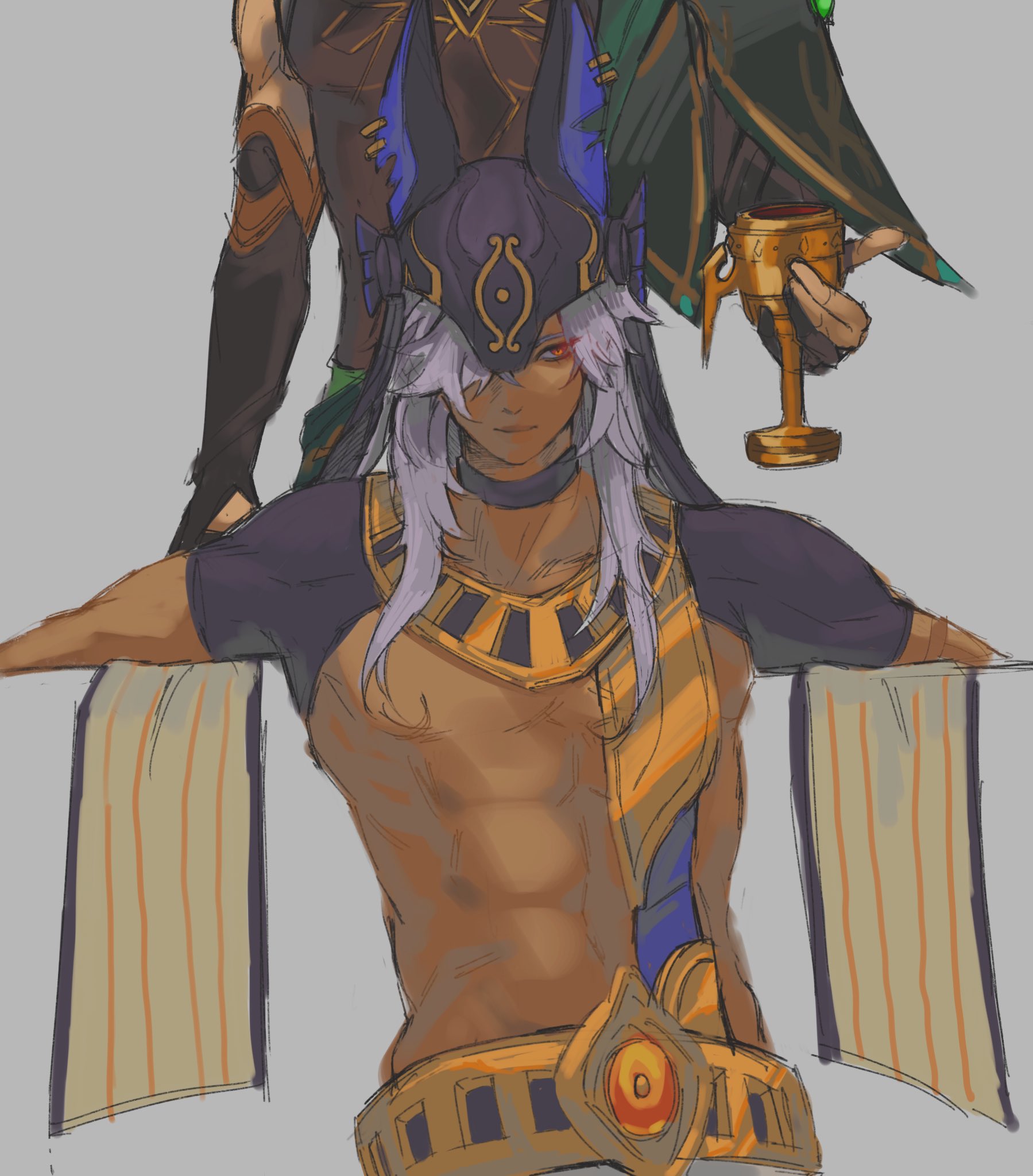 this is a sketch of two people. the person in the front is shirtless and has on egyptianinspired jewelry and a headpiece with animal ears. he is tanskinned and has long white hair and red eyes. the person behind him has darker skin and is wearing green and gold clothing. this person is also holding a gold chalice.