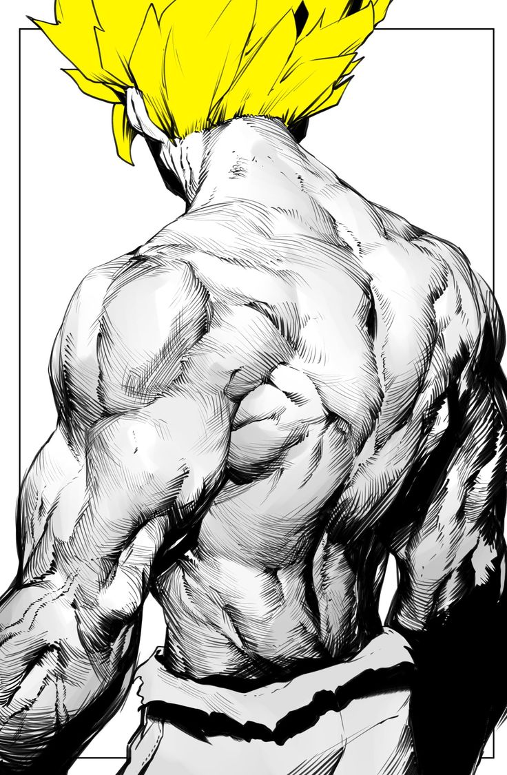 a black and white anime drawing of a muscular male character with spiky yellow hair standing from the back and turning his head to the left side. his arm and the muscle details of his back are drawn with great detail and precision. the character has a thick build and welldefined muscles.