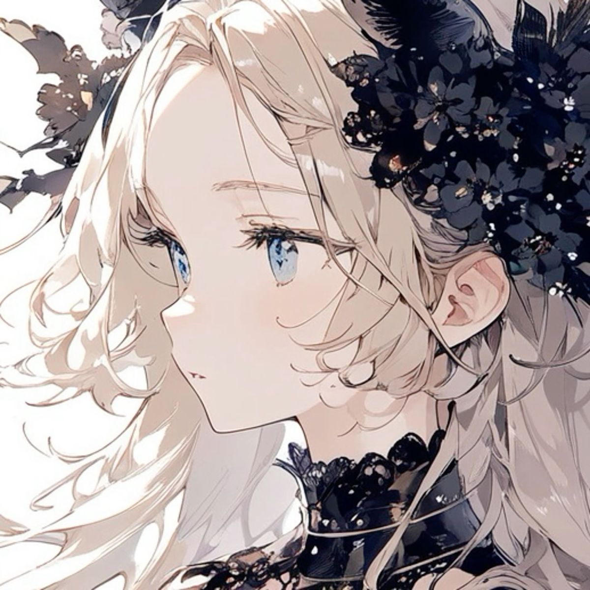 the image is a digital illustration or artwork depicting a young animestyle girl. she has long, flowing blonde hair, which is partially adorned with a dark, ornate flower crown or headdress. her eyes are a striking blue. she is wearing a black lace collar or top. the art style is soft and delicate, with a focus on subtle shading and a pale, ethereal color palette. the girl's expression is calm and slightly pensive, viewed from a profile angle. the overall aesthetic is elegant, whimsical and slightly mysterious.