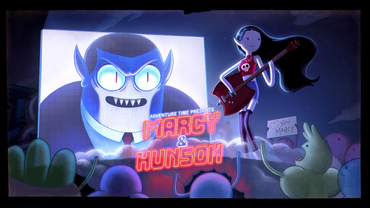 this is a stylized illustration for a fictional concert titled "adventure time presents marcy & hunson," featuring marceline the vampire queen playing a red bass guitar on stage with a large projection of her father, hunson abadeer, in the background. a crowd of colorful characters cheers them on. the scene is lit with vibrant neon colors, creating a concert atmosphere.