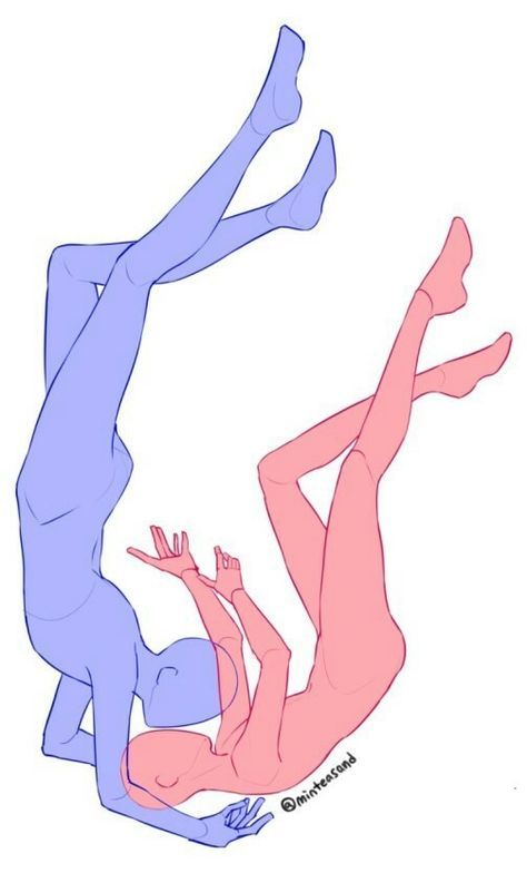 the image shows a figure drawing with two intertwined figures in dynamic poses. one figure is drawn in blue and the other in pink. both figures have their legs raised and are in a position that suggests they are falling or floating. the drawing appears to be a reference sketch for artists, illustrating human anatomy and gesture in a stylized manner. the figures' limbs overlap, creating a complex and interesting composition.