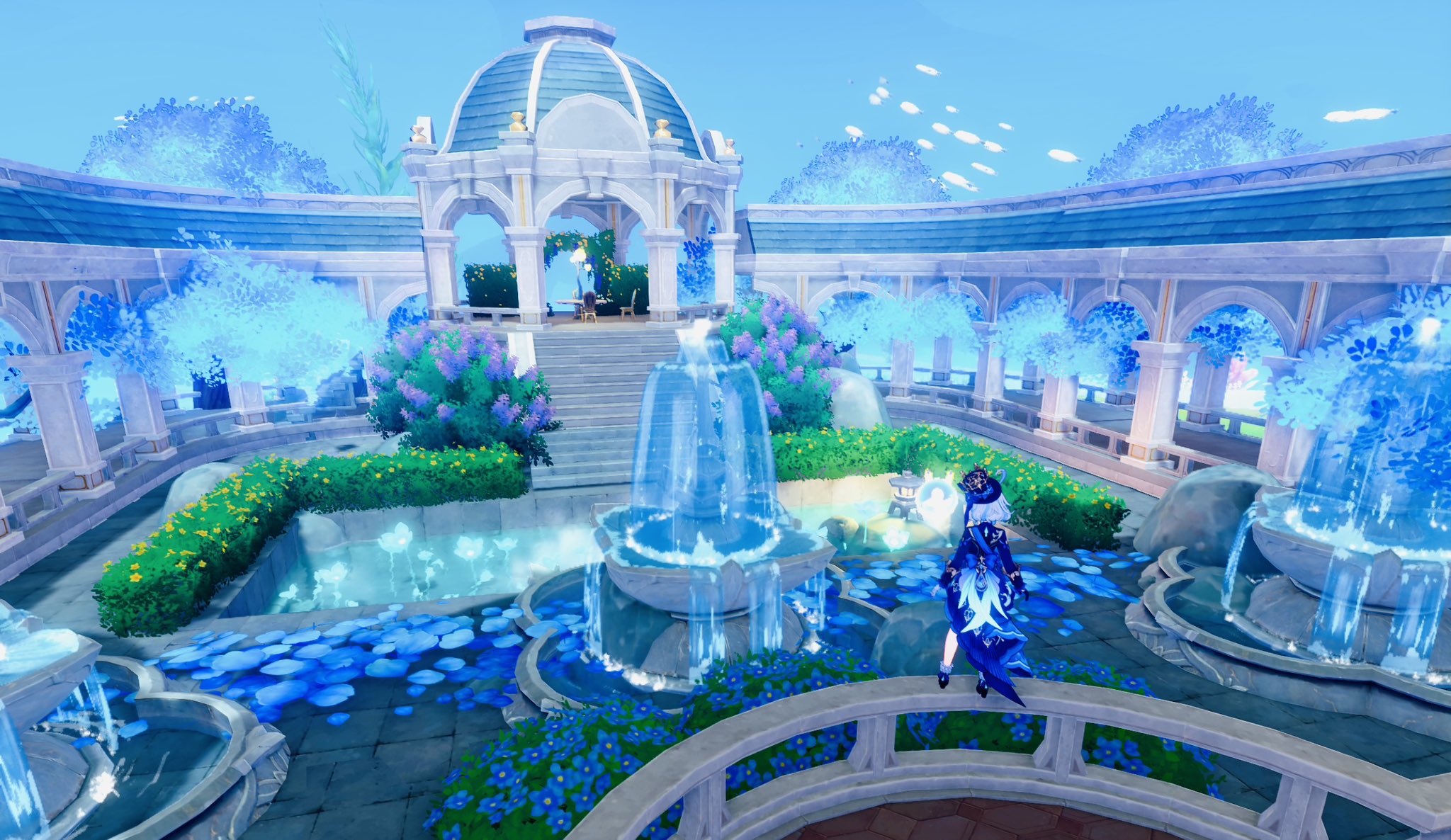a stunning and whimsical scene from the popular video game genshin impact. the image showcases a beautifully designed garden in the heart of the game's world, with a captivating mix of architectural elements and natural features. in the foreground, a character in a blue and white outfit stands on a stone bridge, gazing out over the garden. the central part of the image is dominated by a large, cascading fountain, its water sparkling and reflecting the light from the surrounding environment. the garden is meticulously landscaped, featuring manicured hedges, blooming flowers, and winding pathways. the architecture is inspired by traditional chinese and japanese styles, with intricate details and ornate designs. the background is a soft, pastel blue sky with a few wispy clouds, enhancing the overall sense of tranquility and wonder.