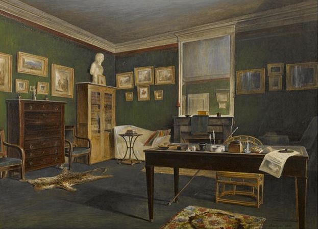 the image is a painting of an interior scene of a room with dark green walls. there is a desk with writing materials in the foreground. in the background are various pieces of furniture including a chest of drawers, a bookcase, a sofa, and chairs. several framed paintings hang on the walls along with a large mirror above the fireplace. there is also a leopard skin rug on the floor.