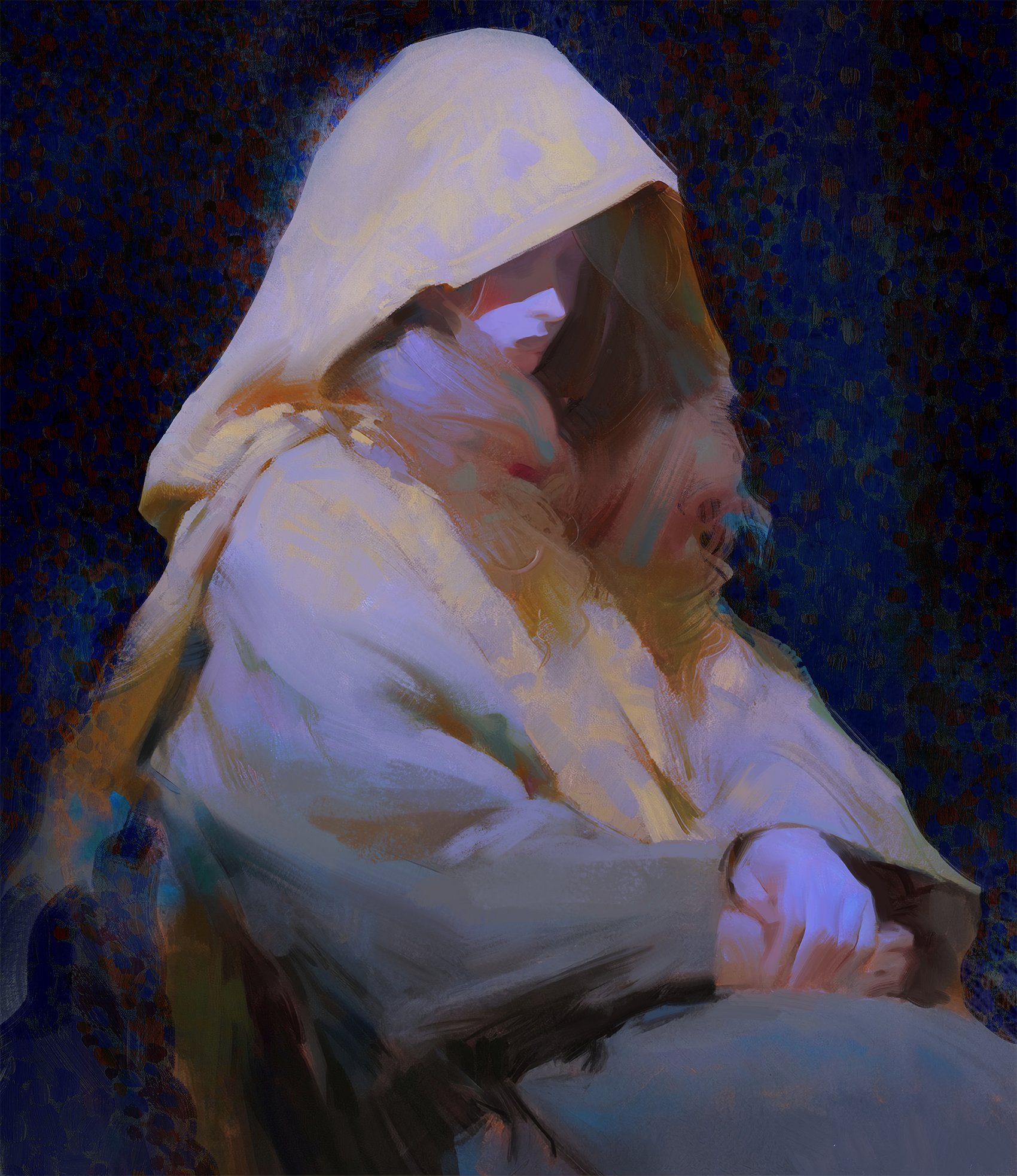 a painting of a woman in a hooded cloak. the woman is sitting in a dark, bluetoned space, and her face is partially hidden by the hood. her posture is hunched over, and she seems to be lost in thought. the painting evokes a sense of mystery, introspection, and sadness.