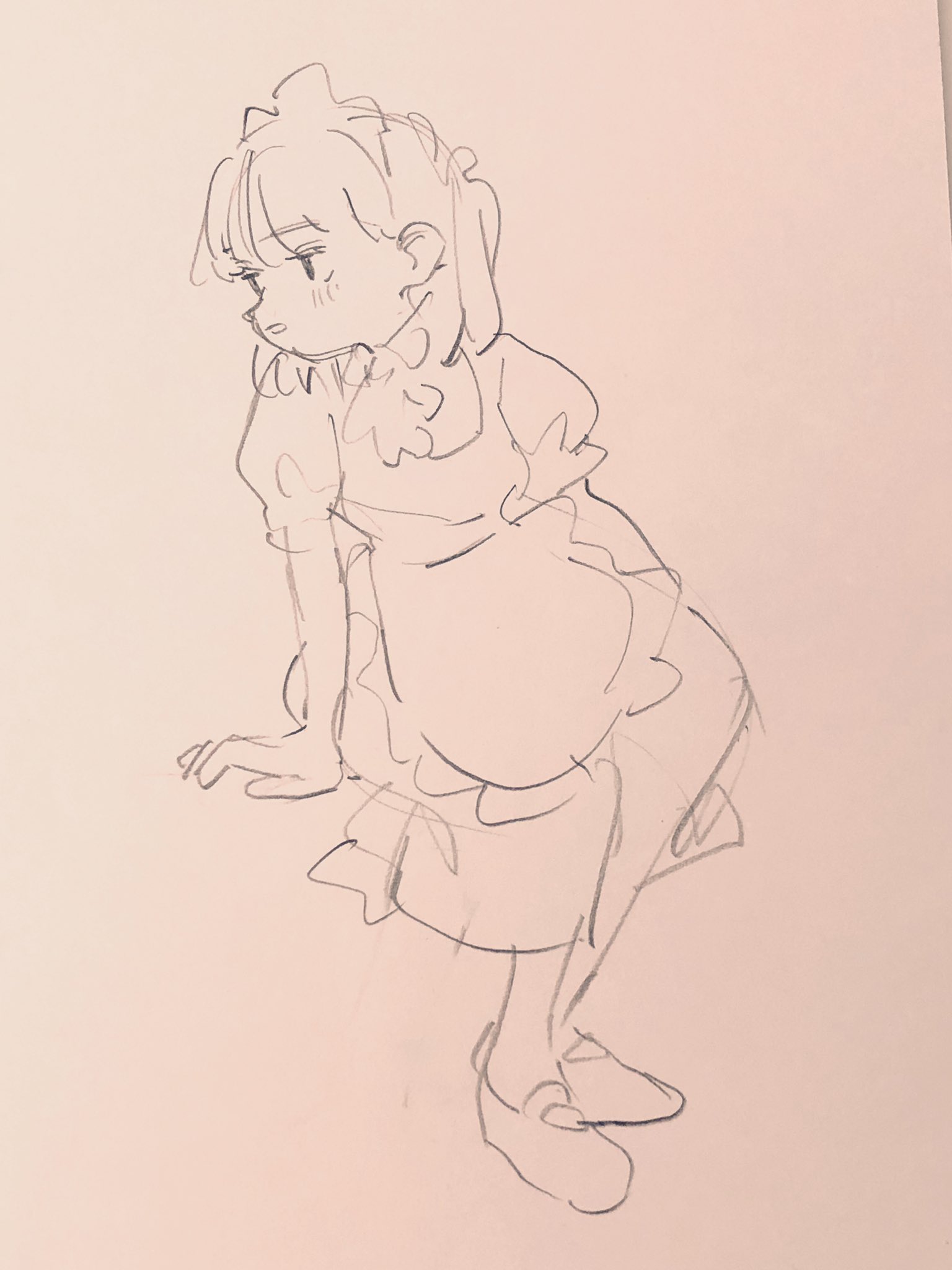 a simple, loose sketch of a girl with her head down wearing a dress and an apron with ruffles. it appears to be drawn with a pencil on white paper.