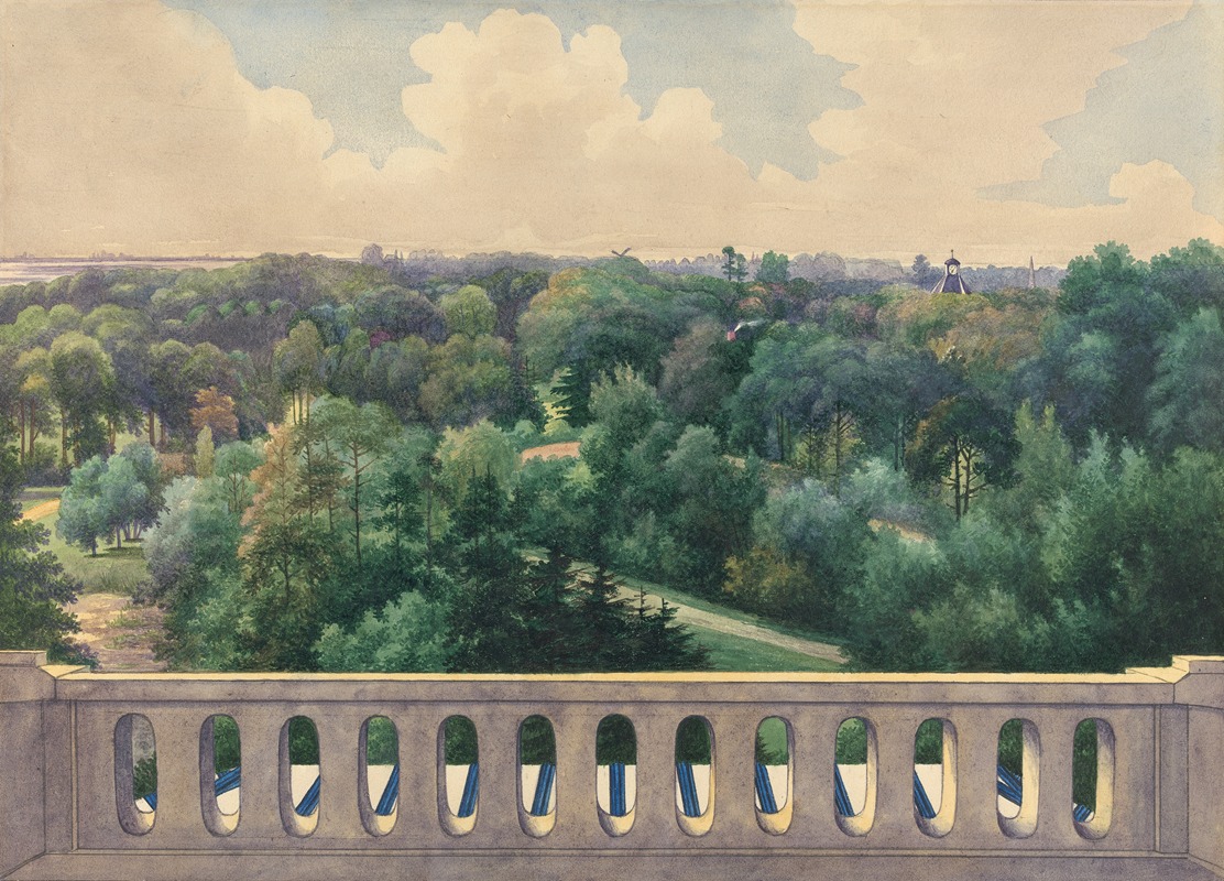 the image is a watercolor painting depicting a landscape view from a balcony. in the foreground, there is a stone balcony with oval cutouts, through which glimpses of blue and white are visible, perhaps representing cushions or supports. beyond the balcony, a lush green park extends into the distance, densely populated with trees of various shades of green and some with hints of autumn colors. a winding path can be seen through the trees. in the background, there's a suggestion of buildings and a tower amidst the trees, with a distant horizon. the sky is filled with soft, billowing clouds, and the overall color palette is muted and naturalistic, typical of watercolor paintings. the art piece captures a peaceful, idyllic scene with a sense of depth and perspective.