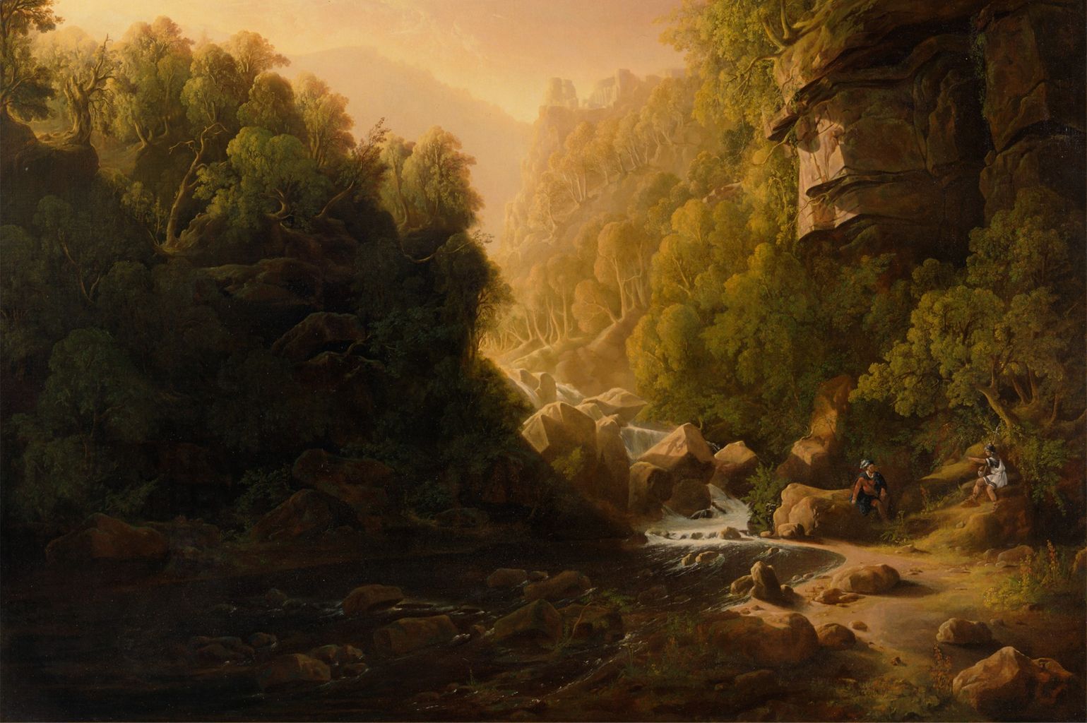 a landscape painting depicts a river flowing through a rocky, forested area. two figures, seemingly men, are present near the riverbank on the right side of the image. the background features mountains and a forest, with an orangetinted sky. a waterfall cascades down rocks into the river. the overall scene conveys a sense of wilderness and natural beauty.