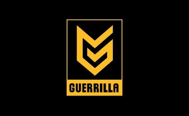 the logo for the gaming team "guerrilla" features a black shield with a yellow letter "g" inside. the shield is outlined in black and the "g" is filled in with yellow. the word "guerrilla" is written below the shield in black.  the background is black.