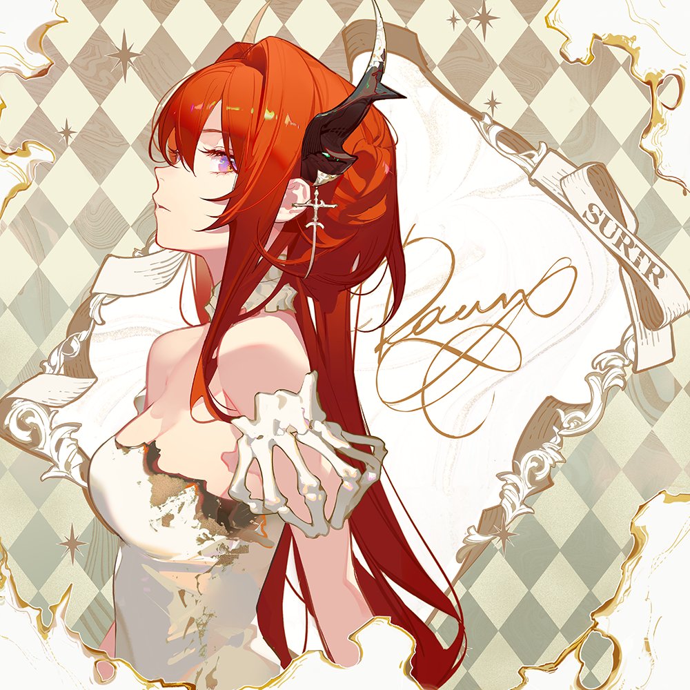 the image is an animestyle illustration of a female character with red hair and purple eyes. she is wearing a white dress adorned with bone hands and has black horns on her head. she also has a cross earring. a ribbon with the name "surtr" is visible in the background, which features a diamond pattern.
