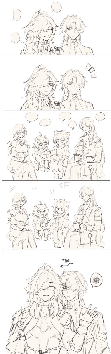 this is a grayscale sketch of a story involving several couples. they are drawn in a  cute manga style and there are different scenes within a comic panel layout. one scene shows two girls smiling and holding hands, another shows two boys sitting together at a table, and yet another shows two girls with one hugging the other. the panels are divided with dotted lines.