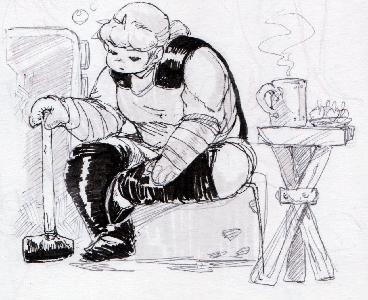 a black and white sketch of a woman sitting on a chair with a hammer by her side. she is holding a mug of a steaming drink and there is food on the table beside her.  she is wearing a medieval outfit and looks like a warrior or adventurer.  this is a fantasy style drawing.