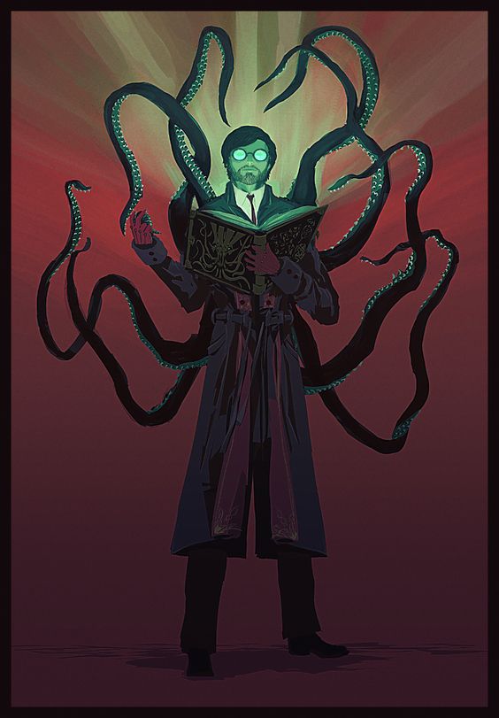 a man in a dark suit and trench coat stands with a grimoire open, emanating a green glow.  behind him, green tentacles writhe and twist as if emerging from another dimension. his eyes glow green in the light.  the scene is dramatically lit.  the background is a dark, mottled red.