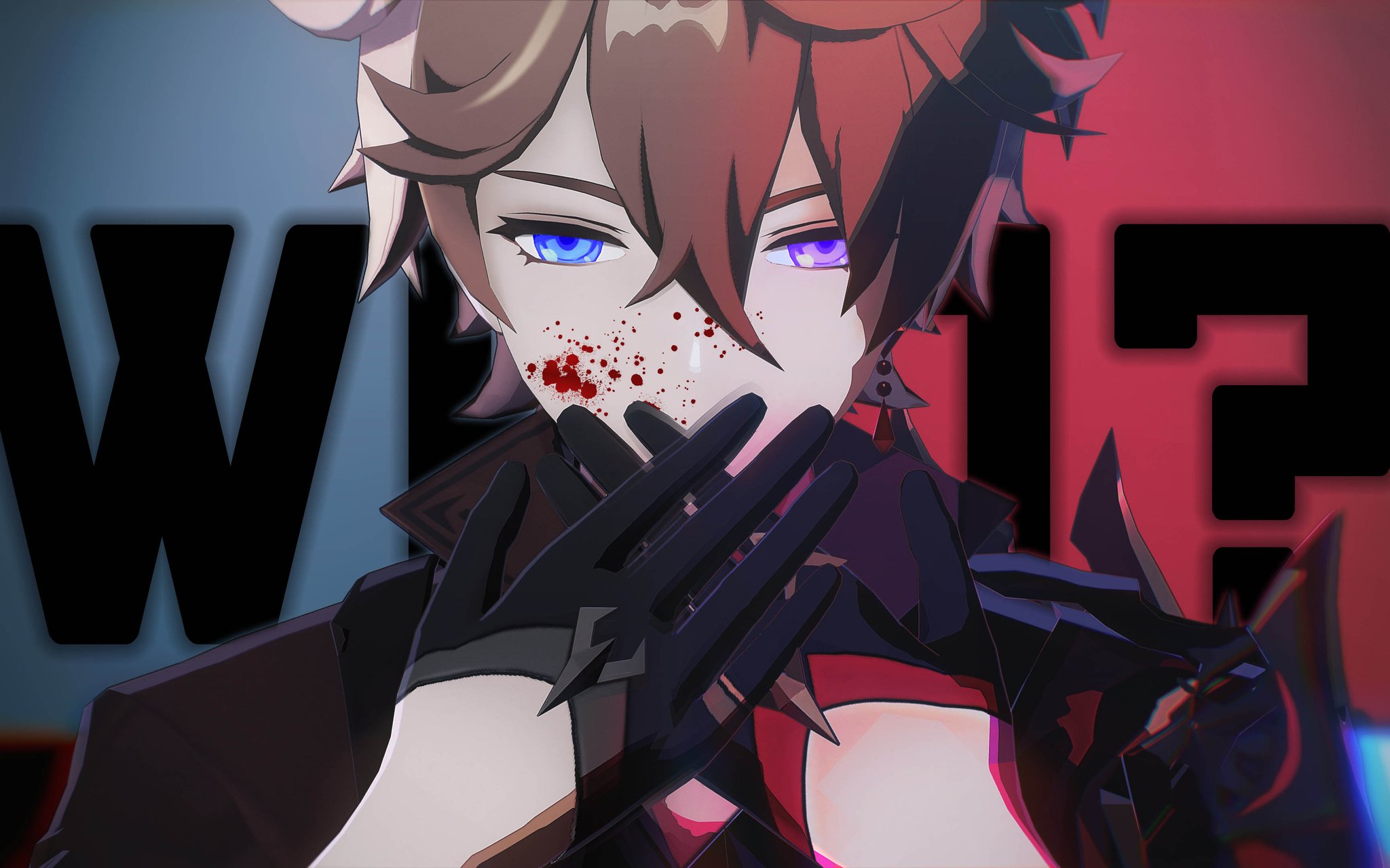 a closeup shot of scaramouche from the game genshin impact. he is facing the camera with his hands covering his mouth, and his eyes are wide open with a concerned expression. there is blood splatter on his face and chest.  the background is a blurry red and black image with the letters "w" and "1?" in the background.