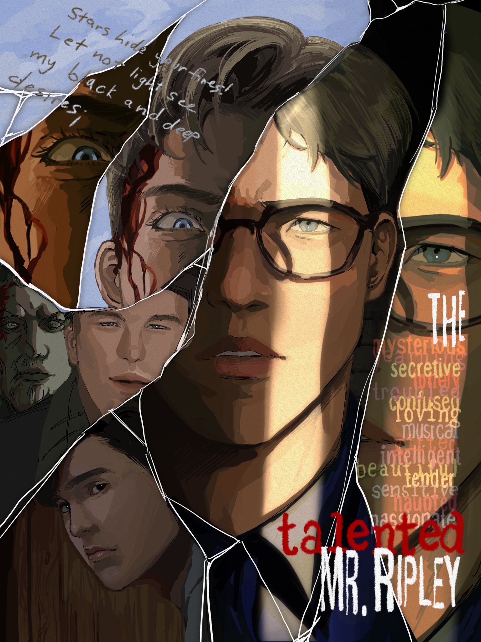 this is a digital art piece of a man's portrait with broken glass reflecting different faces. the image is in the style of a detective story poster, with the words "the talented mr. ripley" and "secretive, confused, loving musical, intelligent, beauty, tender, sensitive," visible on the broken glass.  the man in the center is wearing glasses and has dark hair, there is a shadow over his face, suggesting a darker side or hidden secrets.