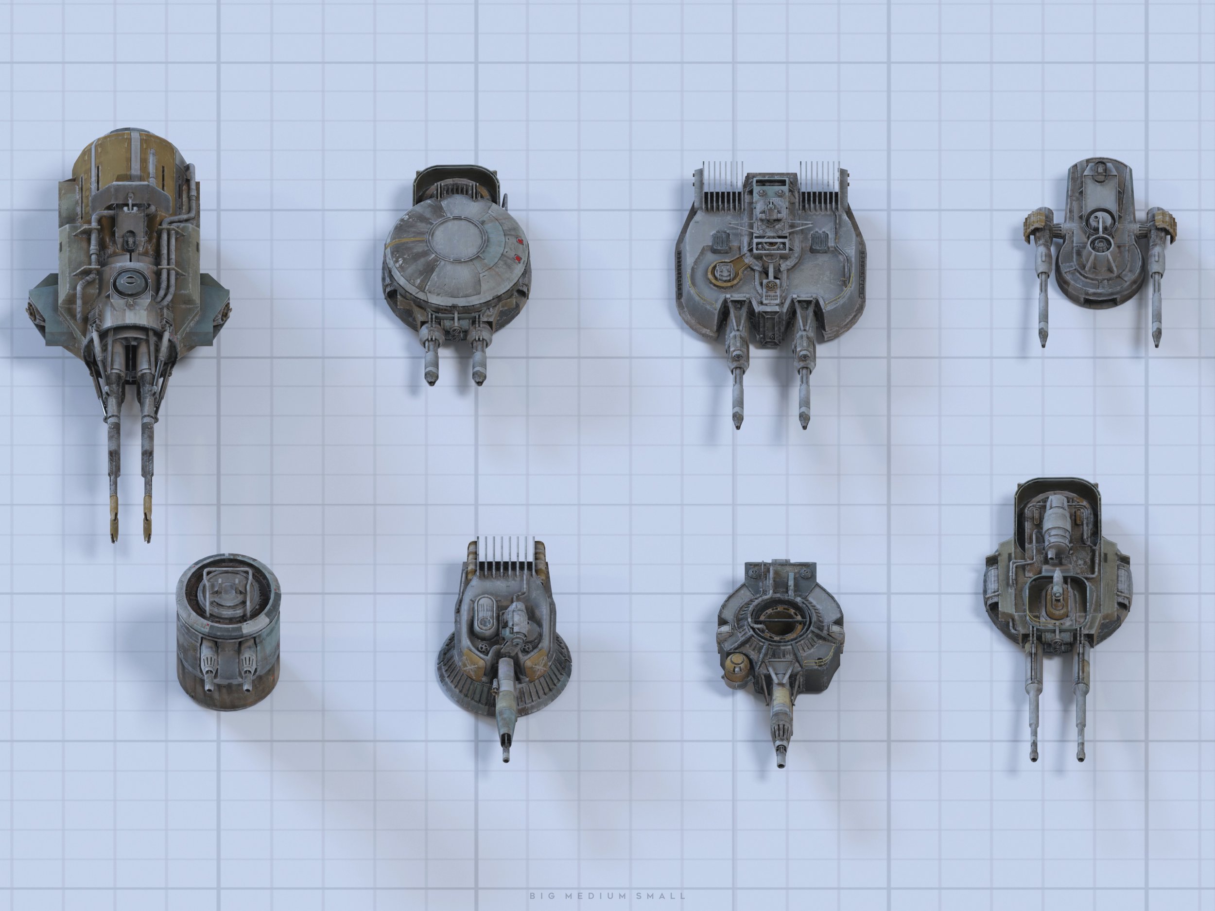 the image is a 3d render showcasing eight different types of scifi turrets or small spacecraft, arranged in a grid pattern against a light grey gridded background. the turrets are various sizes, labeled "big, medium, small" at the bottom. the different sizes and designs suggest they might be for a video game or other digital project. each turret's design features some level of wear and tear, hinting at use or age.  the style is somewhat industrial and realistic, but in a futuristic context. the topdown perspective allows for a clear view of the turrets' structures and weaponry.