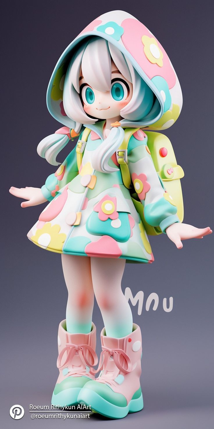 this is a 3d rendered image of a cute anime girl with pink and green mochilike features. she's wearing a colorful dress with floral designs, boots, and a backpack. she has a big smile on her face. she is looking happy. the image is a cute and adorable representation of anime style.