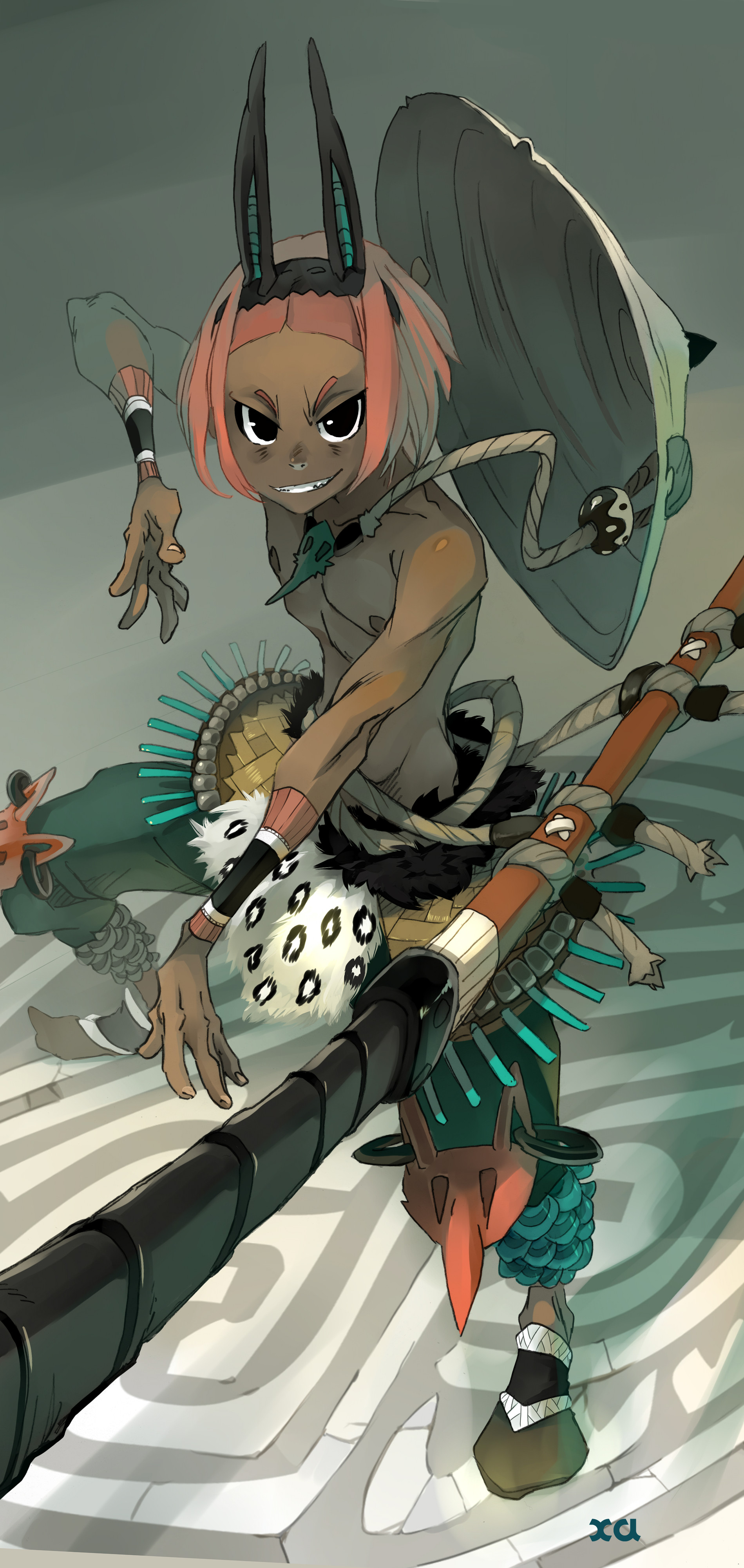 this digital illustration depicts a female anime warrior wielding a spear with a determined expression. she is dressed in a triballike outfit with her dark skin and pink hair. she is standing on a patterned floor.
