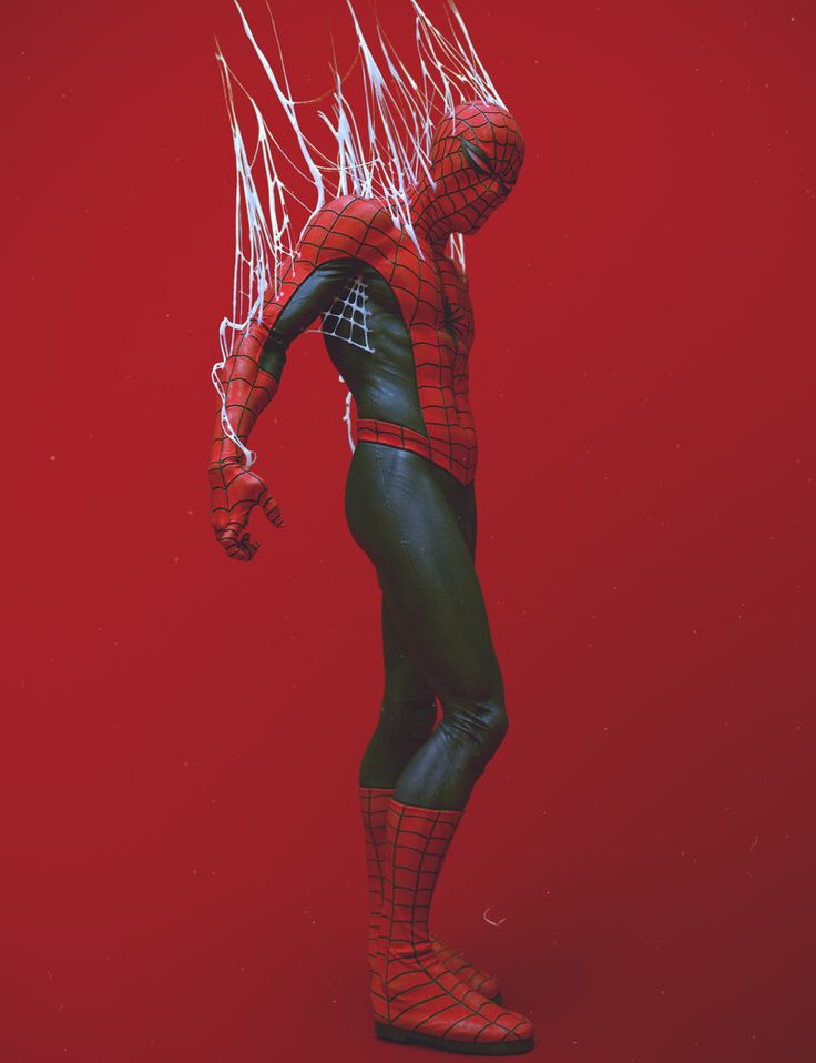 a digital illustration of spiderman in his iconic red and blue suit, standing against a red background with webs emanating from his body. he has a serious expression on his face, his mask covering his eyes. his boots are a prominent part of the image, showcasing the red and blue color scheme. the overall image has a dynamic and striking aesthetic, highlighting the power and mystique of the superhero.