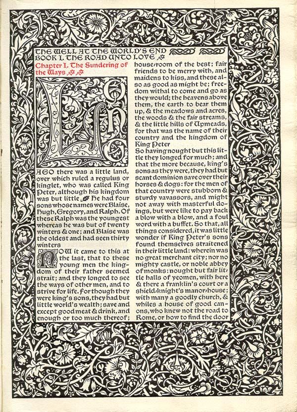 the image shows a page from a book with a black and white illustration. the illustration is in an art nouveau style, with a floral border surrounding the page. the text on the page tells a story about king peter and his kingdom. the book's title is "the well at the world's end" and the chapter is titled "the sundering of the ways."