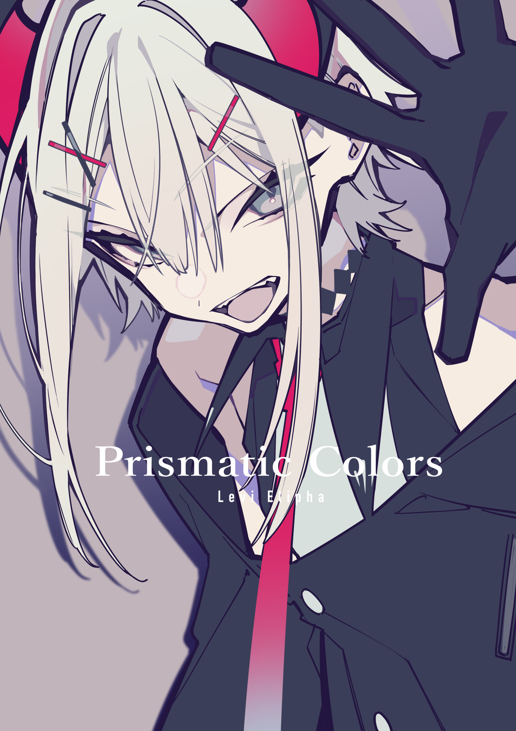 the image is a digital animestyle illustration of a girl, possibly named levi exha, promoting something called "prismatic colors." she has white hair with red hairpins and red accents, and she's wearing a black suit with a red tie. her expression is aggressive, with sharp teeth and narrow eyes. she is making a hand gesture that covers part of the image. there is a checkerboard pattern on her neck. the overall style is reminiscent of manga, and the colors are somewhat muted.