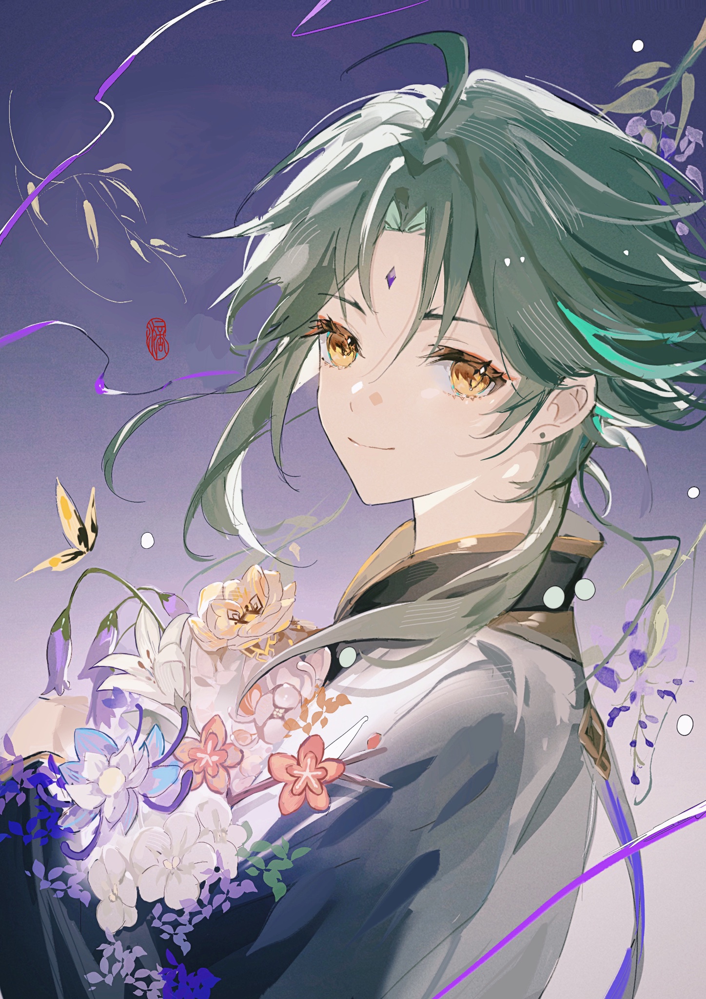 a beautiful anime girl with long green hair and yellow eyes smiles softly at the viewer. she wears a white and purple kimono, and has flowers in her hair and around her shoulder. the background is a soft purple and white, with abstract swirls and lines.