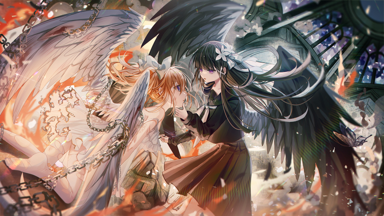 the image depicts two anime girls, one with large, white feathered wings and a flowing blonde ponytail, the other with dark, black feathered wings and long, straight black hair. they are engaged in a tense confrontation, seemingly battling each other.  the girl with white wings is adorned with chains, and her dress is partially torn, suggesting a struggle. the other girl is wearing a darkcolored, pleated skirt and top. the background features hints of fire and crumbling structures, suggesting a scene of conflict or destruction. the contrasting colors and styles of their wings and attire emphasize the opposing forces at play in the artwork. the overall mood is dramatic and intense, creating a visually striking piece of digital fantasy art.