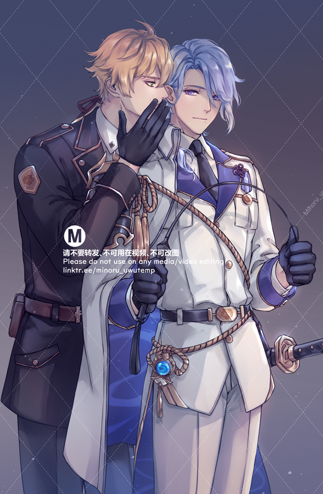 two anime boys in military uniforms are standing close together, the blonde one whispering into the blue haired one's ear. they are dressed in elaborate outfits, with swords and other weaponry at their sides. the background is a soft purple with a pattern of squares. the overall style of the artwork is anime/manga, with a strong focus on the characters' expressions and emotions. the image is likely from a boy's love (bl) fanwork.