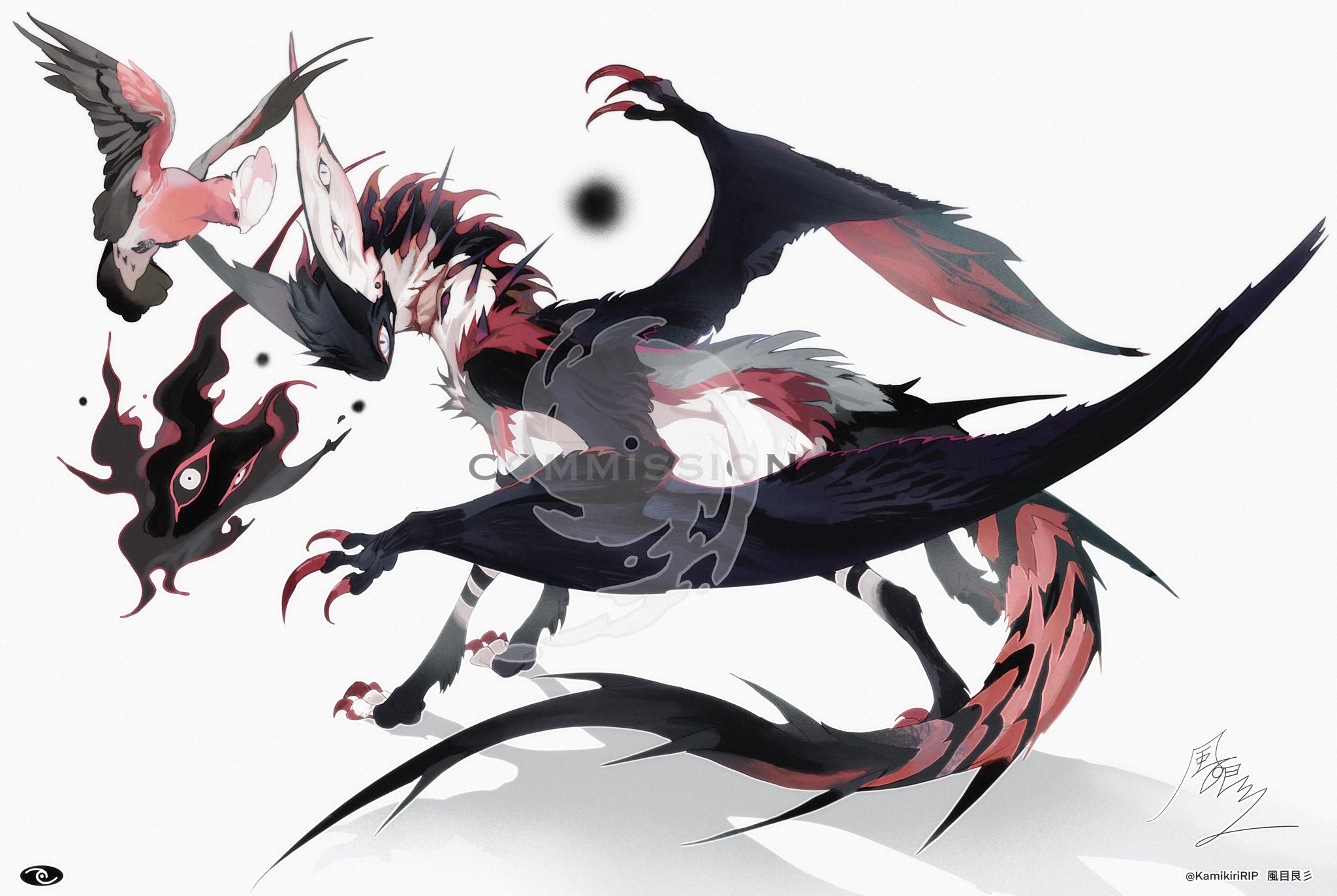 the image is a digital painting of a fantastical creature that combines elements of a dragon, bird, and possibly a canine or feline. it is predominantly black and red, with sharp claws and a long, stylized tail.  the creature has large, dark wings and is depicted in a dynamic pose, suggesting power and movement.  smaller elements in the image include a stylized bird, and an abstract, dark, vaguely eyelike shape that adds to the overall mysterious and otherworldly feel. the artwork has a stylistic blend of realistic rendering and abstract ink wash techniques. a watermark indicating the artist's name, "kamikiririp," is visible in the bottom right corner. the piece is labeled as a "commission," implying it was created for a specific client.