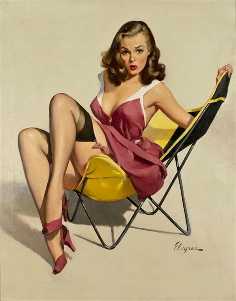 the image is a vintagestyle pinup painting of a woman. she's depicted sitting in a yellow butterfly chair, wearing a burgundy dress, stockings, and high heels. her pose is suggestive and alluring. the art style is characteristic of mid20thcentury pinup illustrations, with a focus on idealized female beauty. the artist's signature, "elvgren," is visible in the bottom right corner. the overall tone is vibrant and playful, evoking the aesthetic of the 1940s or 1950s.