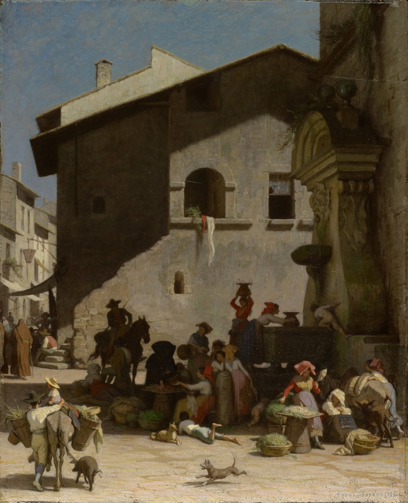 the painting depicts a bustling street market scene in a town square. the square is filled with people buying and selling goods, and animals such as dogs, horses, and donkeys are also present. architectural structures are seen in the background, including a building with windows and a fountain. the scene is illuminated by daylight, casting shadows across the square. the people are wearing various garments and hats, and there are carts and baskets filled with produce.