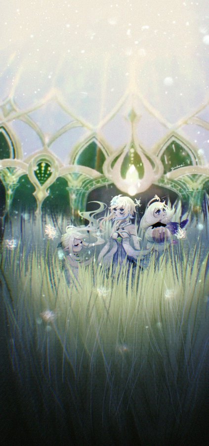 this image depicts three young girls standing in a field of tall green grass. the girls are brightly colored, with long flowing hair, and are seemingly magical in nature. the girls are illuminated by bright lights, and surrounded by sparkles. the scene has a dreamy and magical feel to it. the artwork is in an anime style.