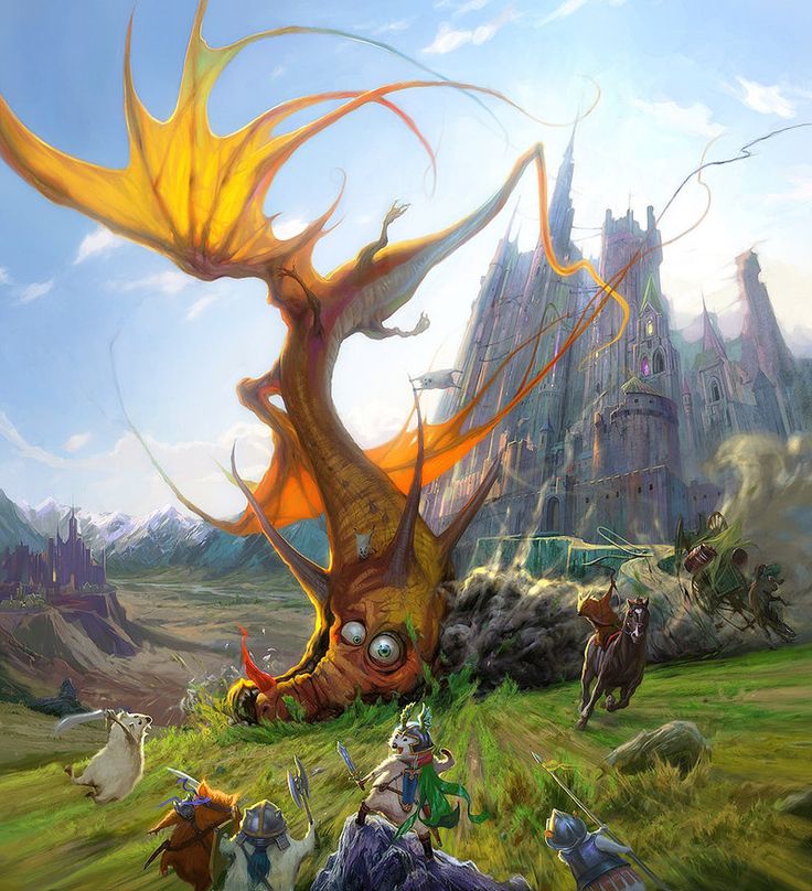 this is a fantasy illustration featuring a large, unusual dragonlike creature with yellow wings and big, googly eyes, seemingly grounded. in the foreground, a group of armed rodents, resembling knights and warriors, appear to be engaged in battle or preparing for one. a horse and rider charge nearby. in the background is a large castle and mountain ranges. the overall style is cartoonish and whimsical, suggesting a surreal and adventurous scene.