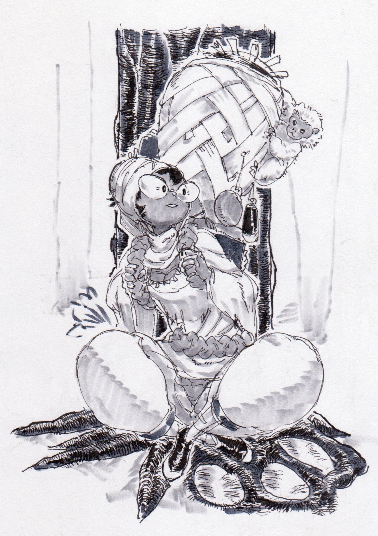a black and white line art drawing of a woman sitting on a tree stump with her legs crossed. her arms are bent and her hands are holding onto a long rope connected to a wicker basket.  she is wearing glasses and staring up at a monkey that is sitting in the basket.