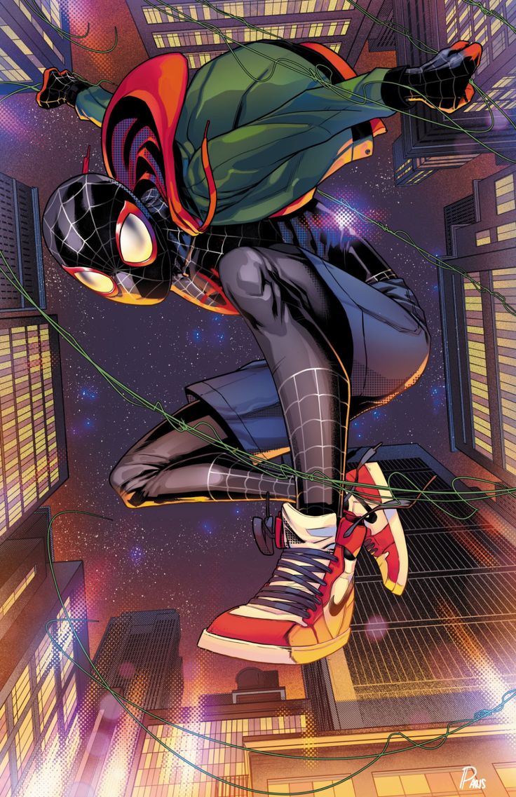 a comic book illustration of miles morales, the spiderman of the spiderverse, web swinging in the city, showcasing his iconic red and black suit and red hoodie. he is seen web swinging through the city's skyscrapers, with his web shooter in action, and a dynamic pose. the image features a vibrant color palette, capturing the energy of the superhero, with the city's buildings and webs as a backdrop. the image is a dynamic portrayal of the beloved superhero.