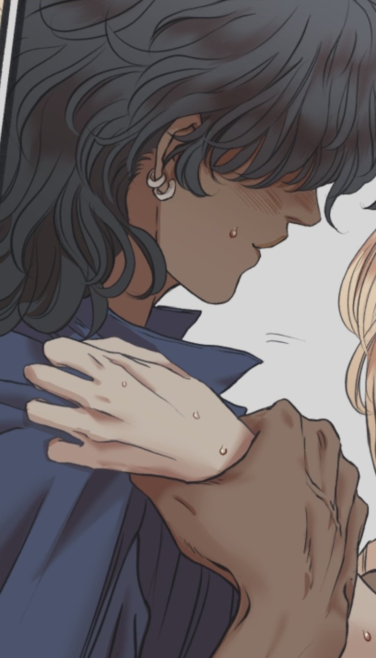 an illustration of a man with dark skin and dark, wavy hair. he has an earring in his left ear, a droplet of sweat on his face, and is wearing a blue shirt. a hand is holding the man's shirt near his collarbone. part of another person's body, possibly with blonde hair, is visible on the right side of the image.