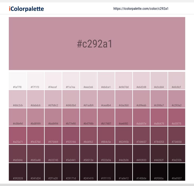 the image is a color palette from icolorpalette, featuring various shades of mauve and related colors. each color swatch is labeled with its corresponding hexadecimal code.