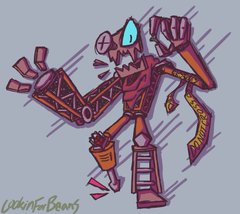 this image is a cartoon drawing of a scary, brokendown robot with sharp teeth and one glowing blue eye. the robot appears to have stitchedon patches of skin. it is colored in a palette of muted blues, pinks, and browns.