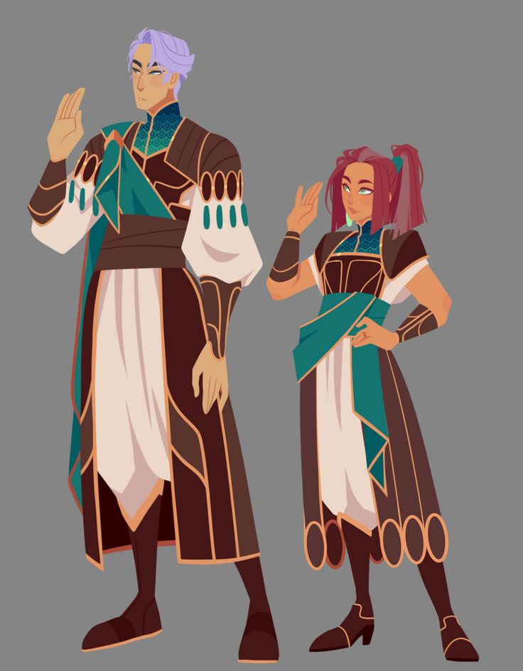 this illustration shows a fantasy couple in armor, standing together and looking at the viewer. they are both wearing elaborate costumes with lots of gold trim. the woman is in a red and green gown, and the man is in a blue and brown outfit. they both appear to be warriors. the man is holding a sword, while the woman is holding a shield. the illustration is drawn in a colorful and detailed style, and it captures the fantasy world in which they live.