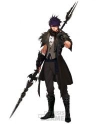 a male character from a fantasy anime, clad in black armor, a long coat, and gloves.  he holds a black spear with a purple tipped blade, he has a purple hair and is standing on a white background.