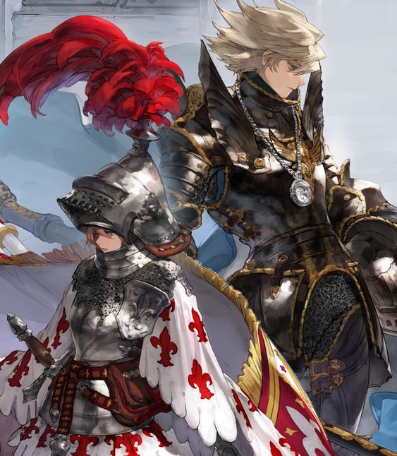 the illustration showcases two knights, clad in ornate armor. the taller knight, positioned slightly above, is adorned in black and gold armor with a red plume on his helmet. his expression is serious and focused. the second knight, partially obscured by the first, stands in silver armor with red and white accents. they hold a sword, their face hidden behind the helmet. both knights stand against a backdrop that suggests a grand castle interior, hinting at a world of chivalry and adventure.