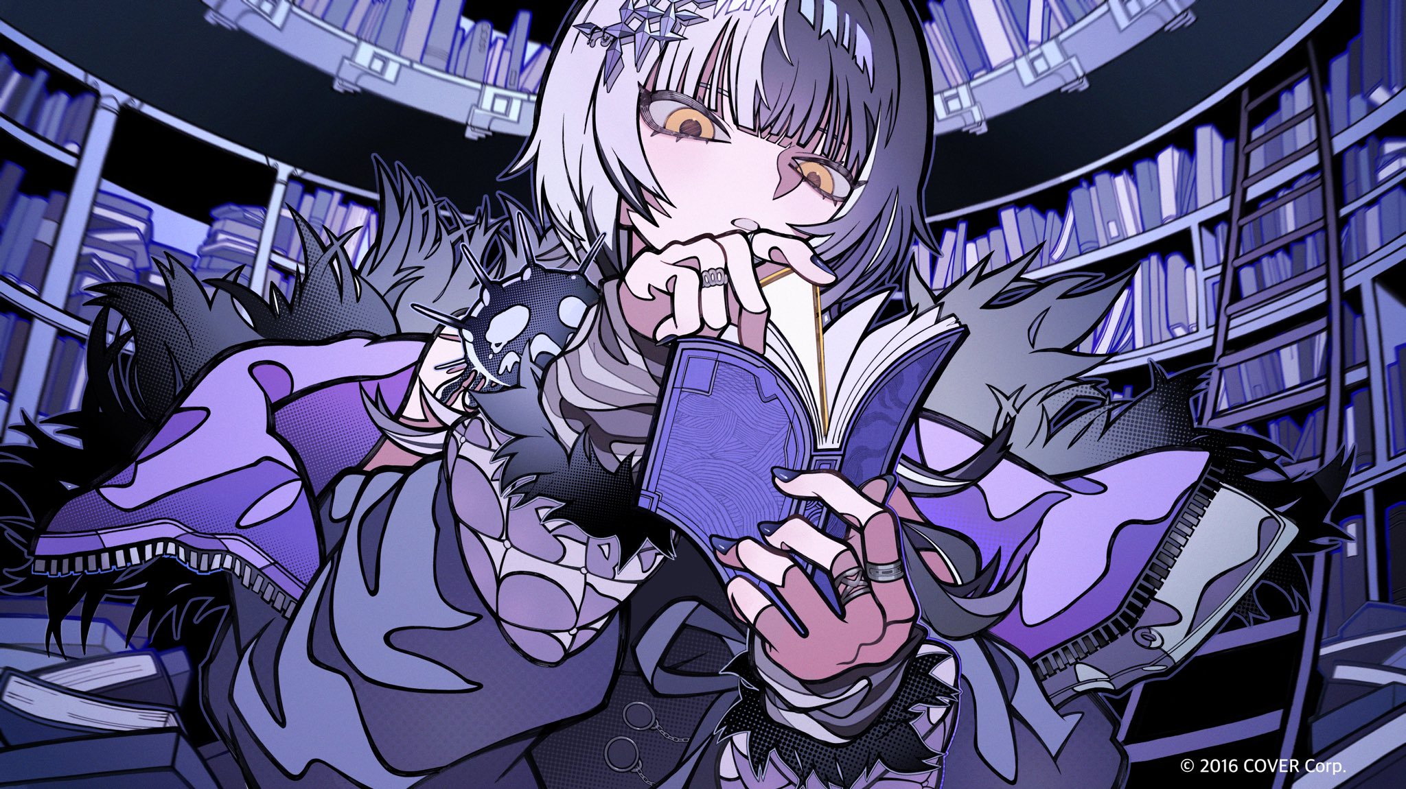 the image is a closeup of an anime girl with white and black hair, reading a book in a library. she is wearing a purple jacket and has a black and white skull on her shoulder. the library is dark and filled with bookshelves. the image is in a gothic style and has a dark and mysterious atmosphere.