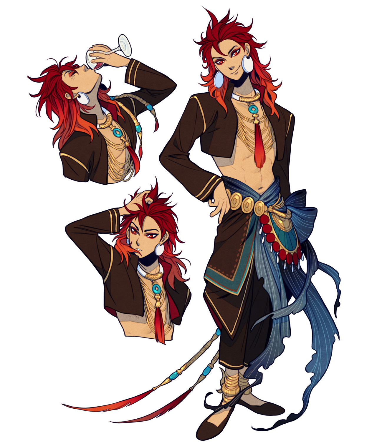 a digital illustration showcasing a male original character (oc) in three different poses against a clean white background. he is adorned with various jewelry pieces and flowing fabrics, highlighting his dynamic personality and fantasy aesthetic.