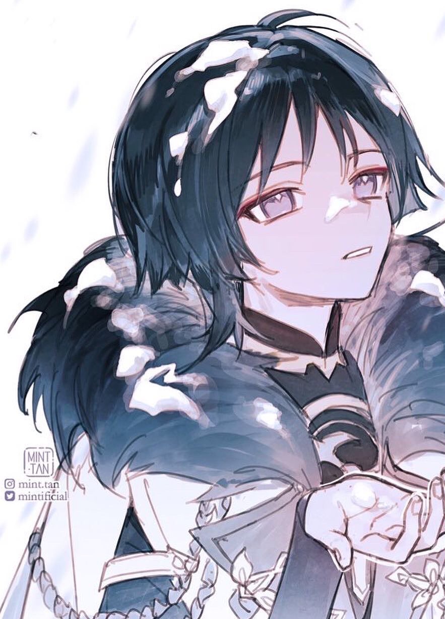 a digital drawing of a young anime girl with long black hair and purple eyes wearing a white coat. the drawing is set against a snowy background.