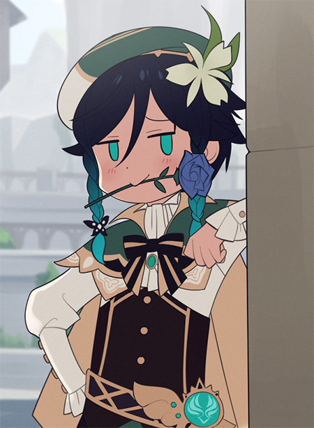 this is a fan art of the character venti from the video game genshin impact. the character has dark teal hair, fair skin, and blue eyes. they are wearing a white shirt, dark green and tan vest and jacket, and a dark green beret with a white flower. they are holding a blue rose in their mouth and leaning against a wall.  the art style is reminiscent of anime.