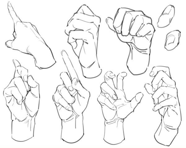 the image is a sketch of nine hands in different poses. the hands are drawn in a realistic style and show a variety of gestures.