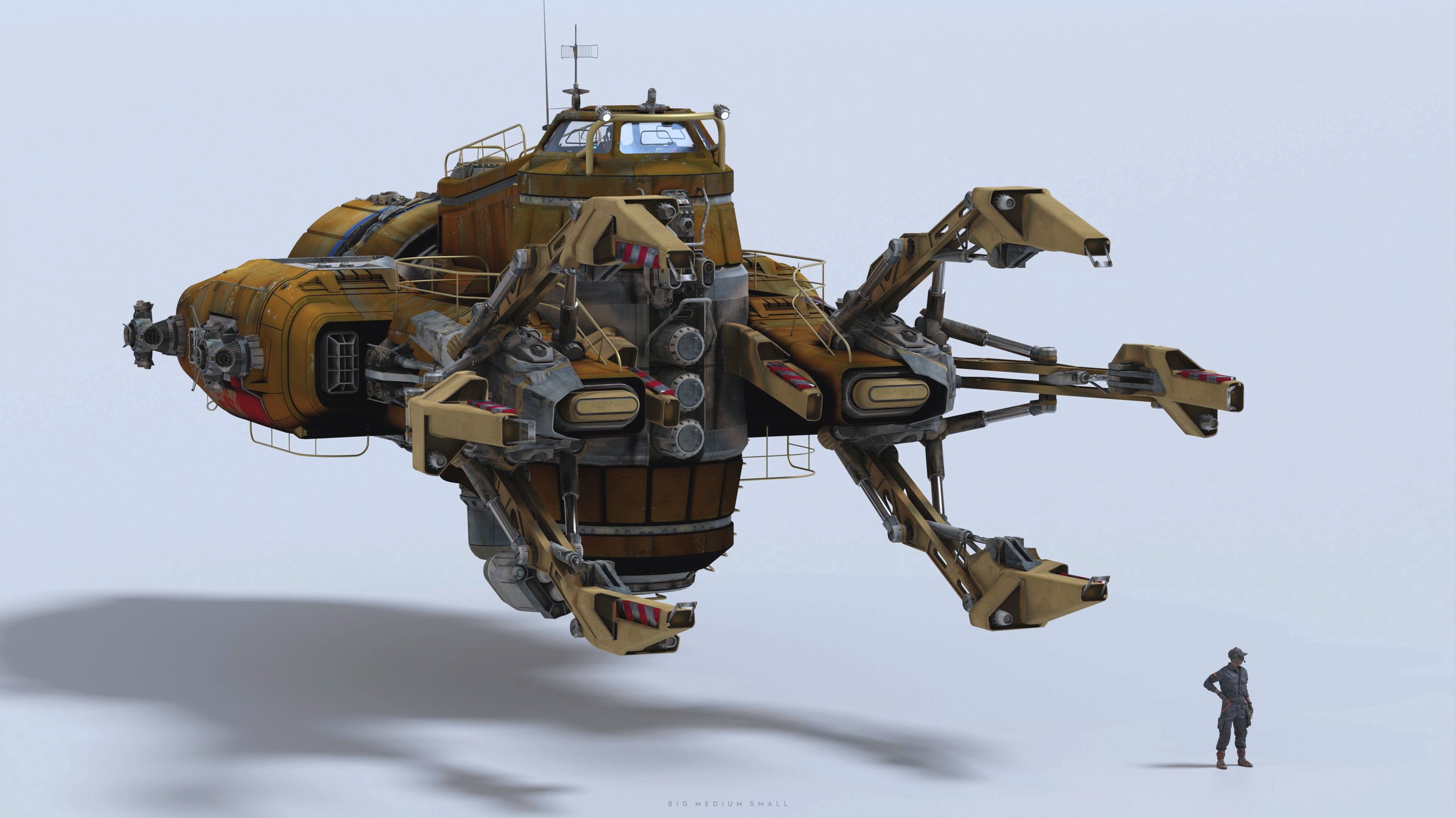 the image is a 3d rendering of a highly detailed, futuristic spaceship or vehicle.  it has a main body resembling a weathered, yellow and brown container or ship, with multiple articulated mechanical arms or claws extending from it. the design is industrial and somewhat rusty, giving a sense of age and functionality.  the vehicle appears to be designed for heavy lifting or manipulation, akin to a large crane. the spacecraft is presented against a plain white background, allowing the details to be prominently visible. a small, human miniature figure stands in the bottom right corner, providing a scale reference for the massive size of the vehicle.  the overall style evokes a sense of science fiction, possibly from a postapocalyptic or heavily industrial setting.