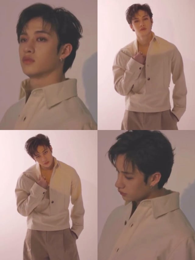 the image is a collage of four individual photos featuring bang chan, a member of the south korean boy group stray kids.  each photo is a studio portrait, showcasing him in a light beige, loosefitting buttondown shirt paired with light brown trousers.  his hair is styled in a slightly messy, dark look. his poses vary slightly; some are more contemplative, others more confident. the overall aesthetic is soft and stylish, characteristic of a fashion or music magazine photoshoot.  the consistent background and clothing create a unified feel across all four shots.