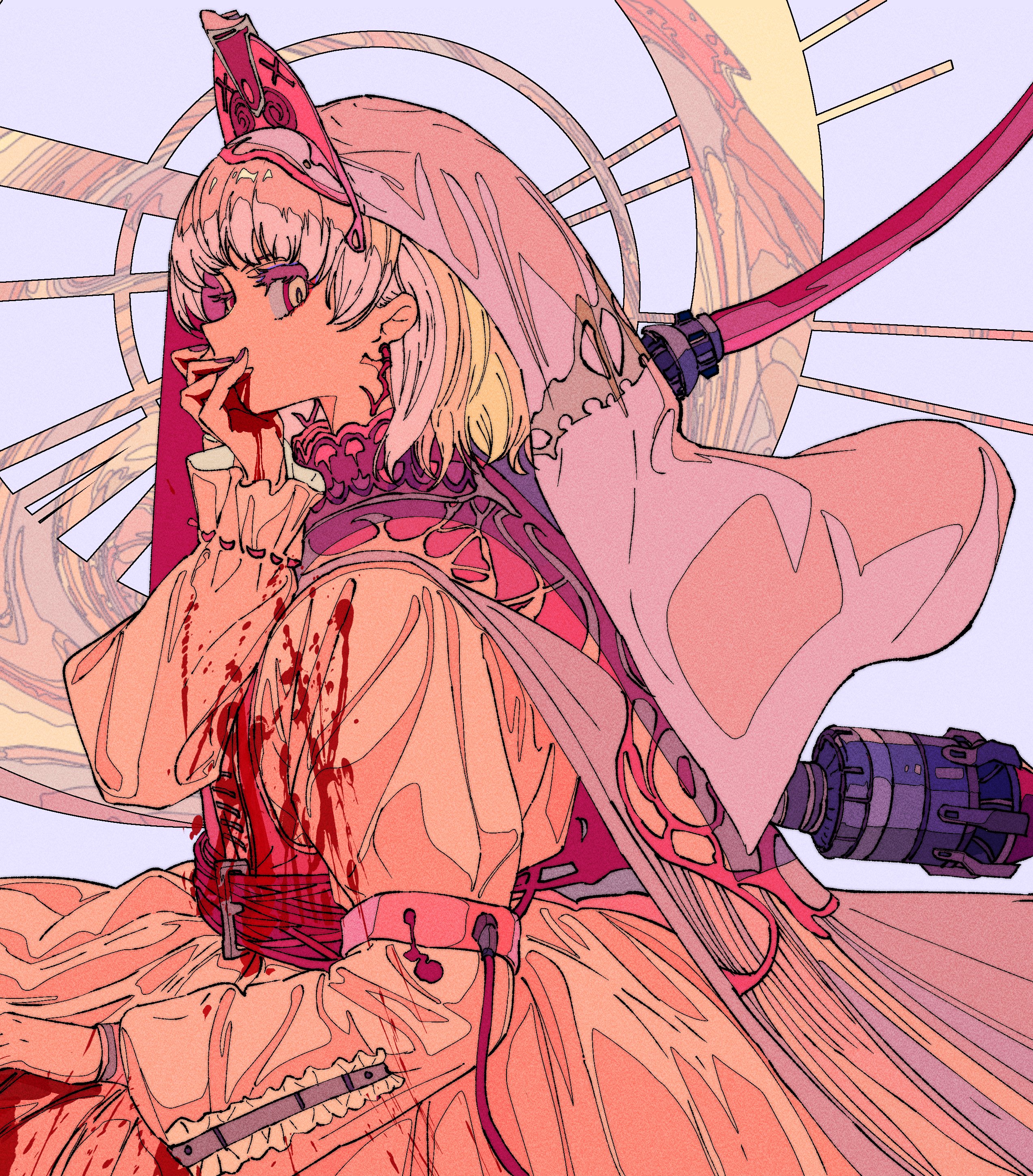 he image is a digital illustration of a female cyborg or robot character in a fantastical, steampunkinspired setting.  she's depicted in a long, flowing pink and peachcolored dress, adorned with intricate details and seemingly mechanical elements. her expression appears pained, and she has blood on her clothing, suggesting she's injured or has recently been in combat.  she wears a hood that resembles a stylized headdress, and part of a mechanical device extends from her back. the background features a circular, almost clocklike design with radiating lines. the overall style is evocative of anime and manga, with a blend of soft pastel colors and sharper lines to define the mechanical details. the artwork features a strong sense of character design and visual storytelling, hinting at a narrative involving conflict and possibly futuristic warfare or a dystopian world.
