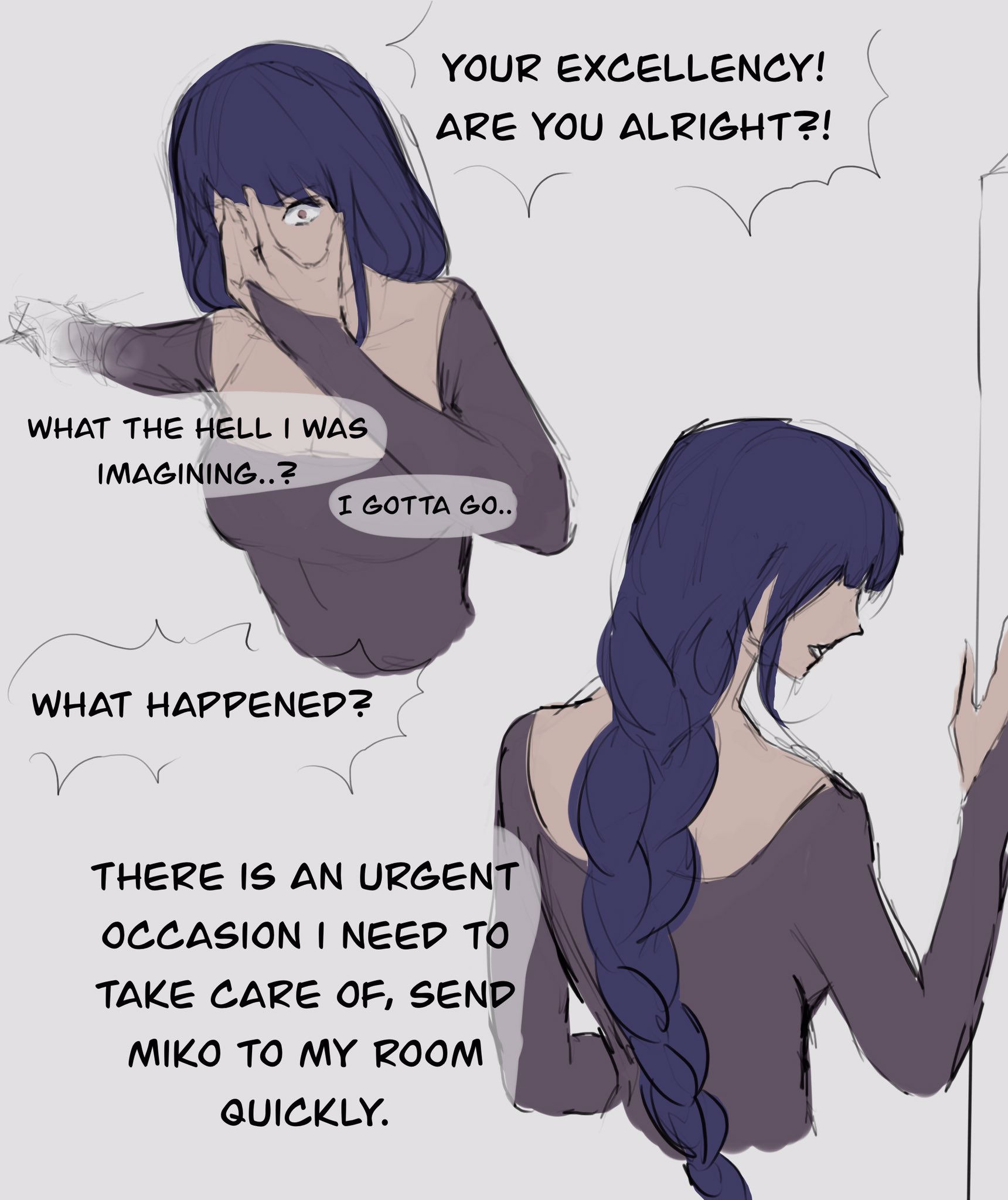 the image is a digital drawing or sketch in a manga/anime style.  it features a woman with long, dark purple hair, initially covering her face in shock or distress,  followed by a panel where she's shown from behind with her hair in a thick braid, walking away. the panels incorporate speech bubbles with text indicating her surprise ("what the hell i was imagining...?") and an urgent need to leave ("there is an urgent occasion..."). the overall mood is secretive and mysterious, suggesting a sudden, unplanned departure for an important reason. the art style is loose and expressive, characteristic of concept art or a storyboard.